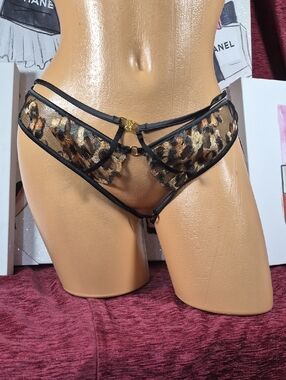 VICTORIA'S SECRET Leopard Lace Strappy Bikini Panty - Black & Gold NWT 2197